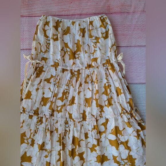 Anthro Mon Renn Magnolia Floral White and Yellow Women's Tiered Midi Skirt Large - Picture 4 of 6